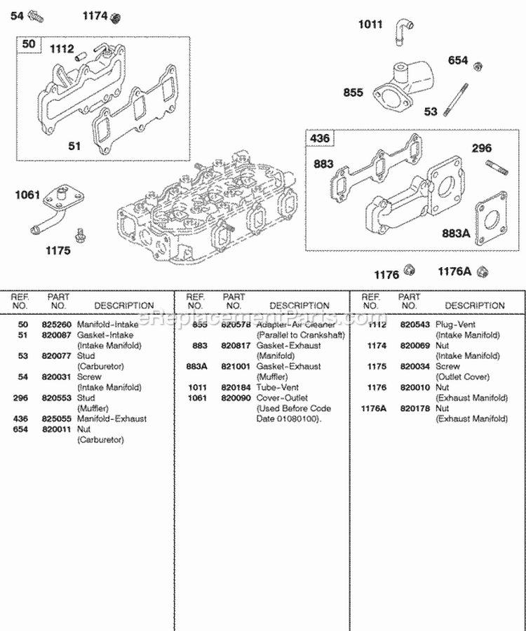 Intake Manifold Exhaust Manifold Diagram and Parts List for 587447-0205-E2  Briggs and Stratton Engine
